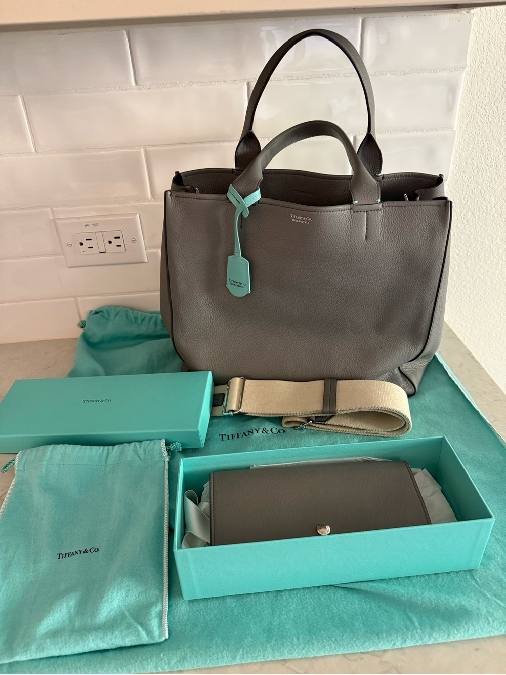 Tiffany & Co. Gray Pebbled Leather Tote with Tiffany Blue Tag